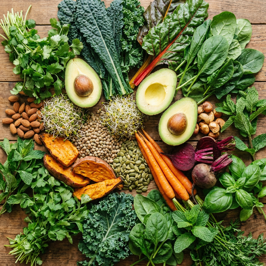 Basische Lebensmittel auf Holztisch: Avocado, Gemüse, Nüsse und Kräuter