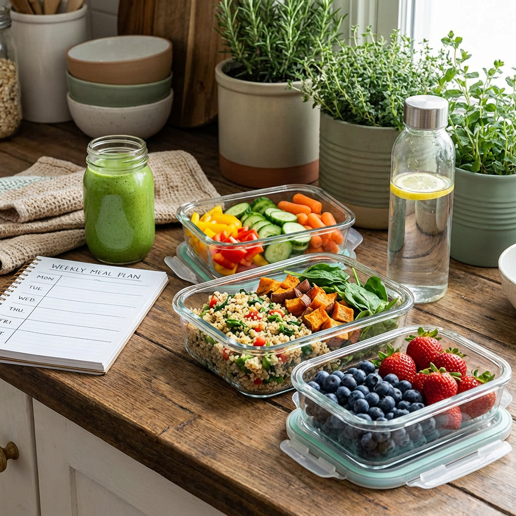 Meal-Prep-Szene mit Glascontainern voller gesunder Lebensmittel