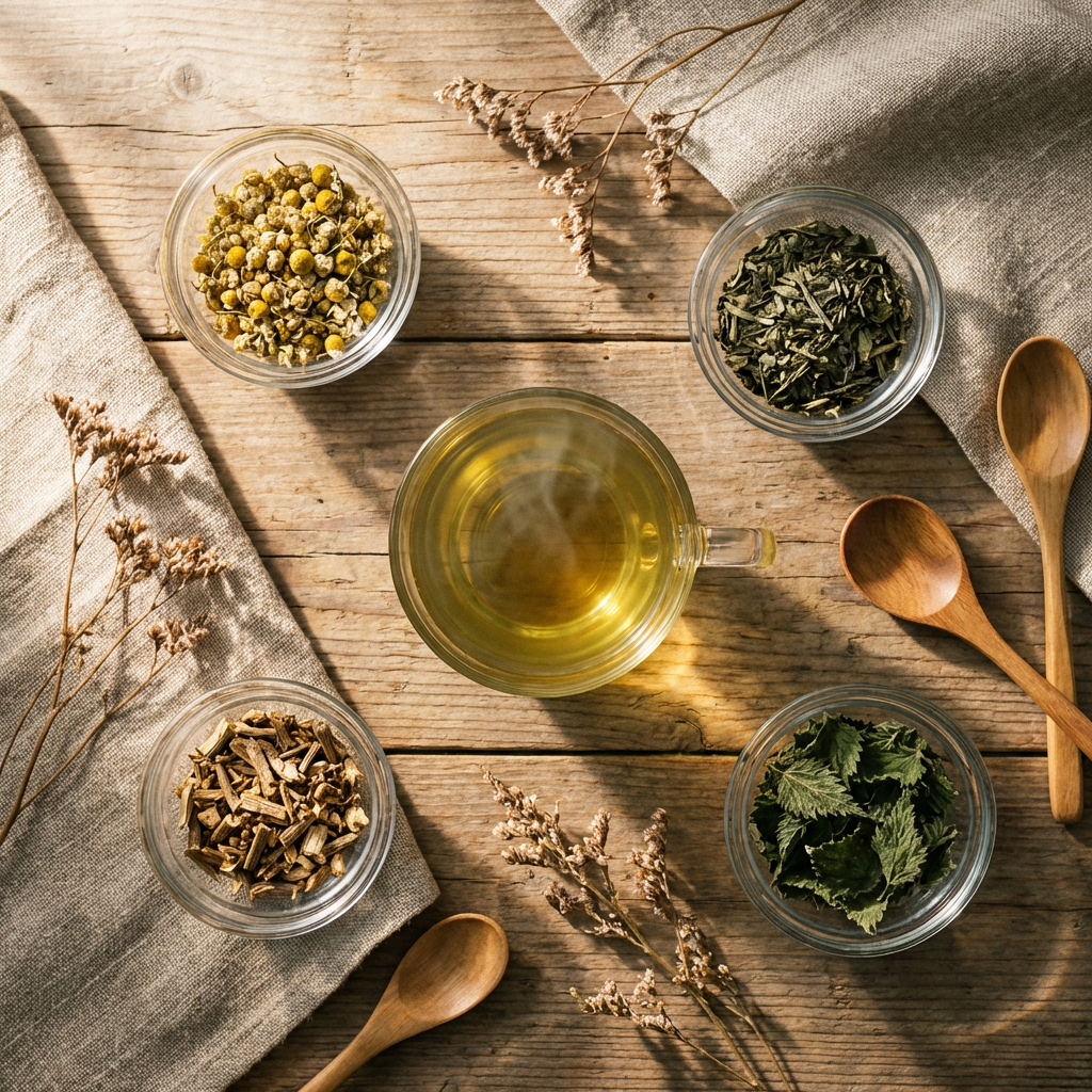 Verschiedene Detox Tee Sorten in Glasschalen auf Holzoberfläche