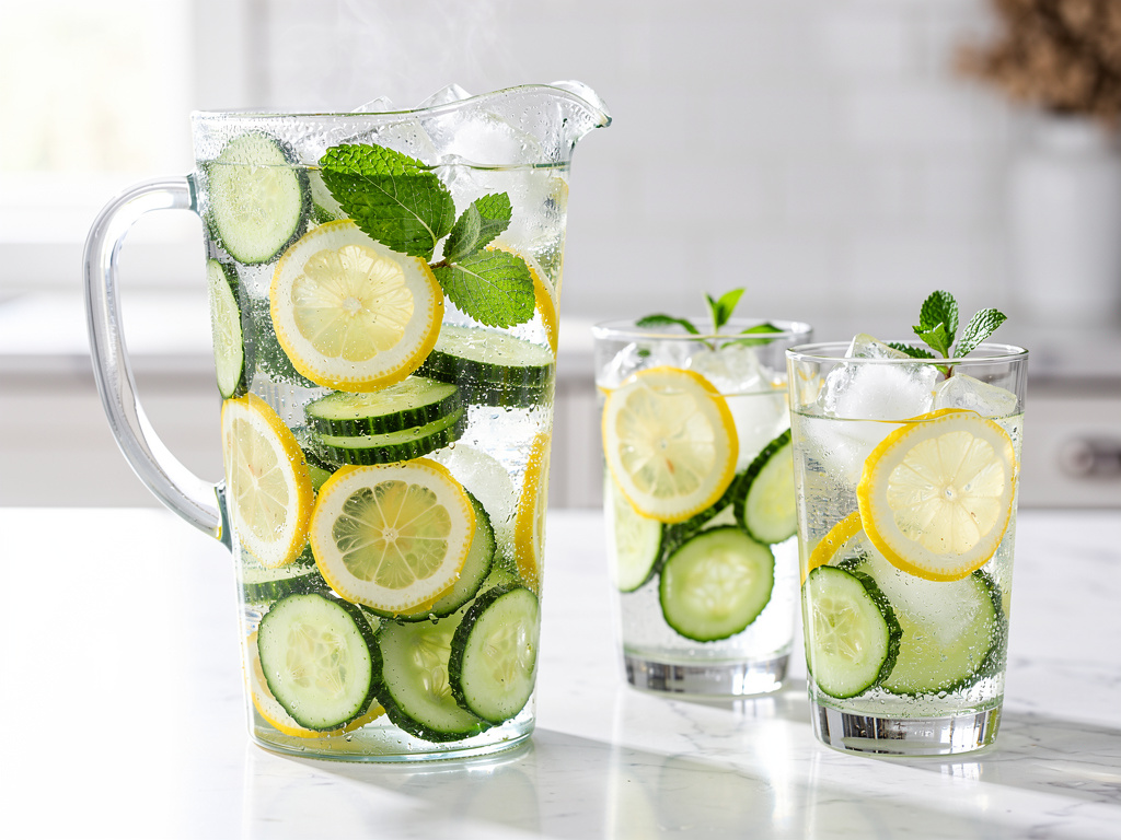 Glas mit erfrischendem Detox Wasser mit Gurke, Zitrone und Minze