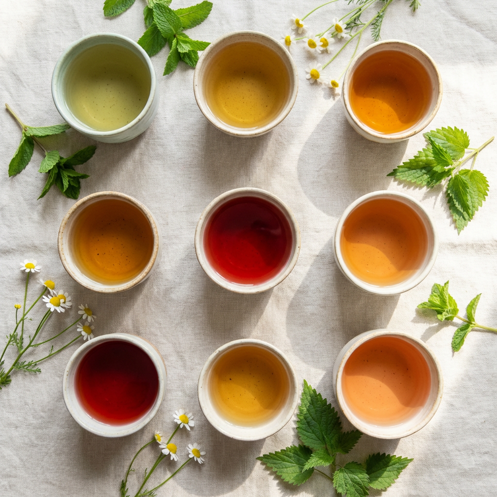 Zehn verschiedene Entschlackungstees in Keramiktassen von oben