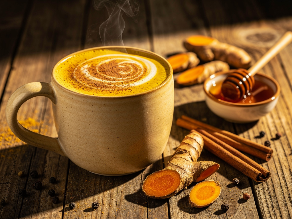 Goldene Milch in Glastasse mit Kurkuma, Zimt und Schaum auf Holzuntergrund
