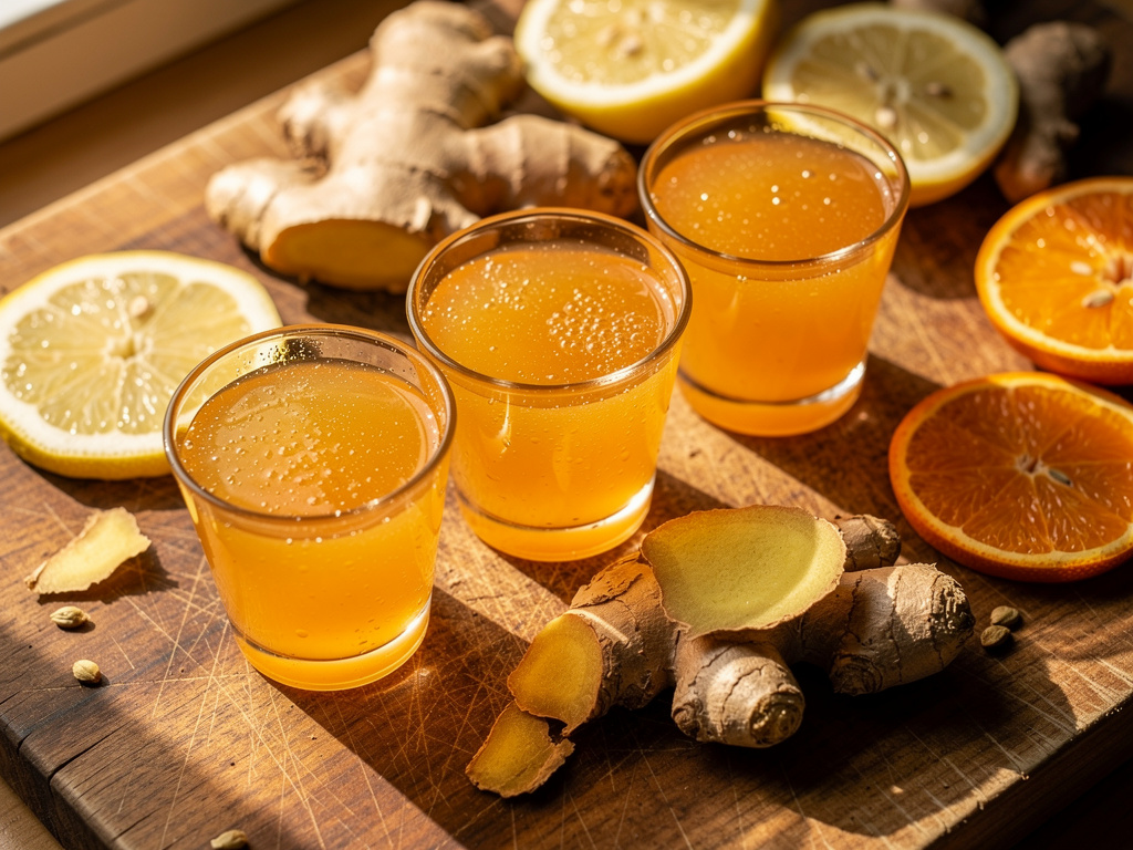 Frischer Ingwer Shot in kleinen Gläsern mit Zitrone und Kurkuma auf Holzbrett
