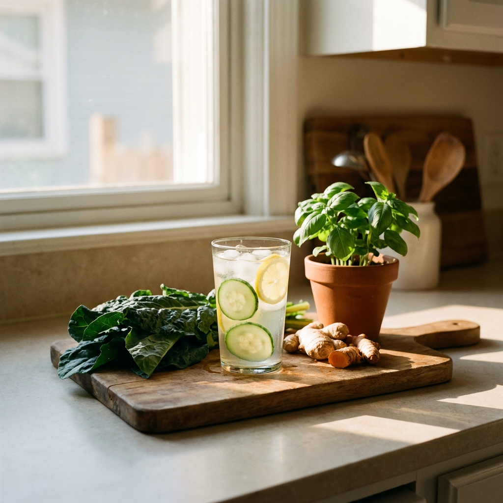 Gurken-Zitronen-Wasser mit frischem Gemüse und Kräutern